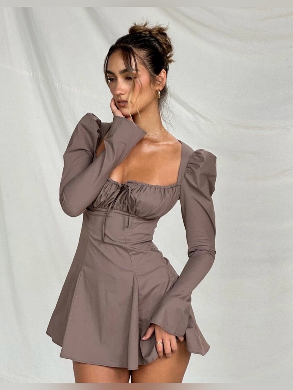 🇺🇸FIRM PRICE🇺🇸 House of CB CARLINA Mocha Long Sleeve Mini Dress - Picture 3 of 16